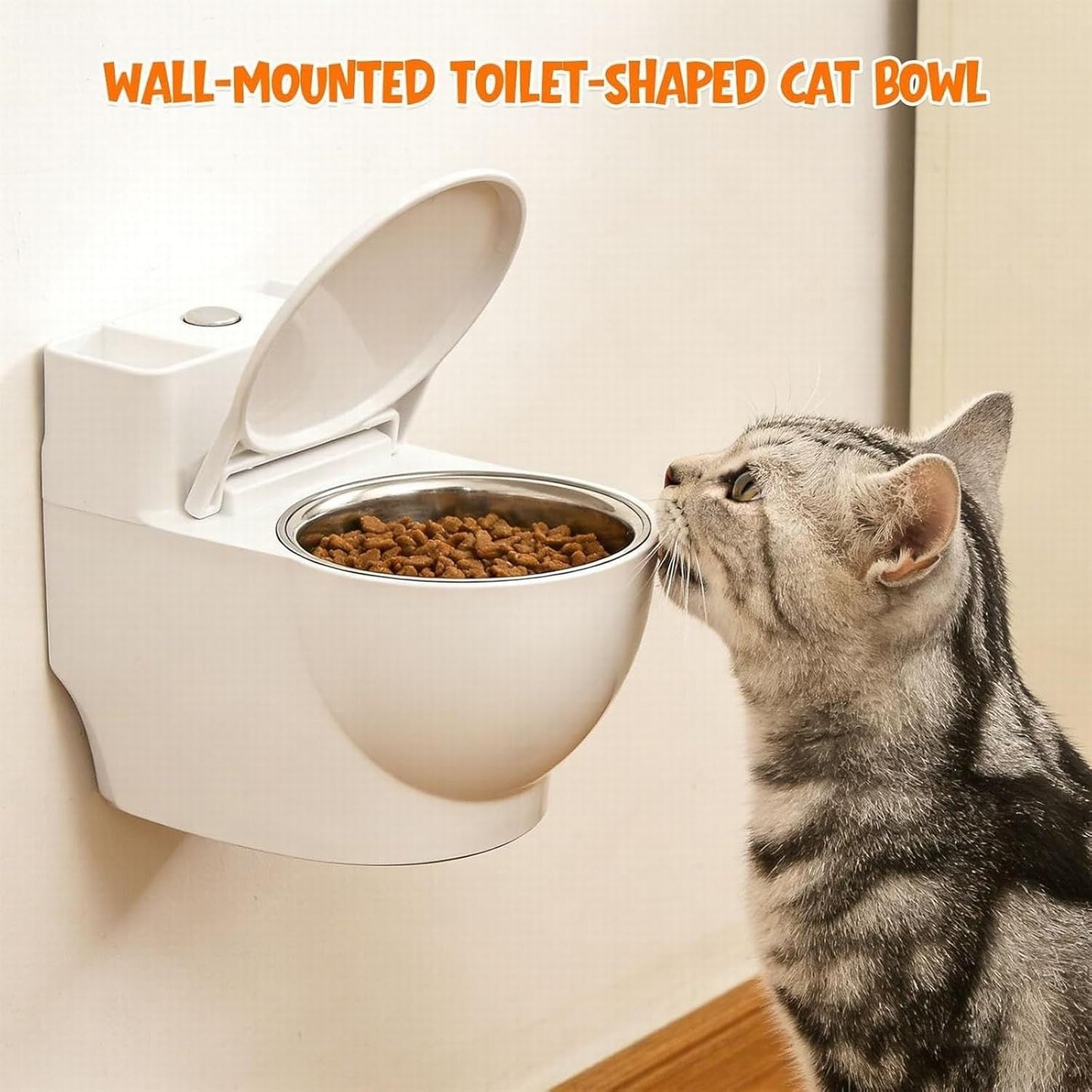 Toilet-Shaped Water Bowl for Cats, Wall-Mounted Cat Toilet Water Bowl Pet Food Dispenser for Cat Dog, Small Funny Bowls, Stainless Steel, Pet Fountain for Your Cat Drink More Water (White)