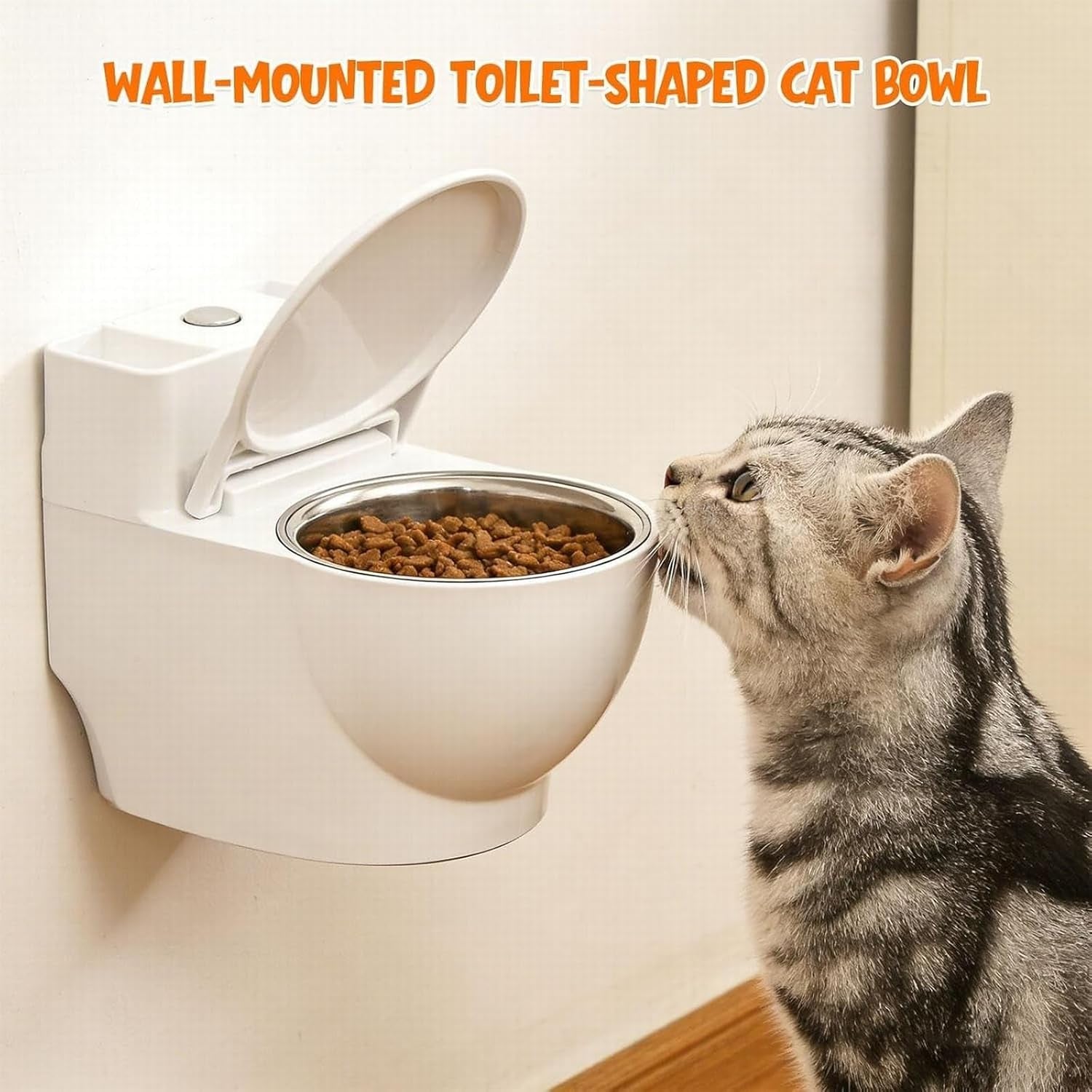 Toilet-Shaped Water Bowl for Cats, Wall-Mounted Cat Toilet Water Bowl Pet Food Dispenser for Cat Dog, Small Funny Bowls, Stainless Steel, Pet Fountain for Your Cat Drink More Water (White)